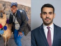 From right to left: Meredith Wells standing with an Al-paca; Omar Yaghi